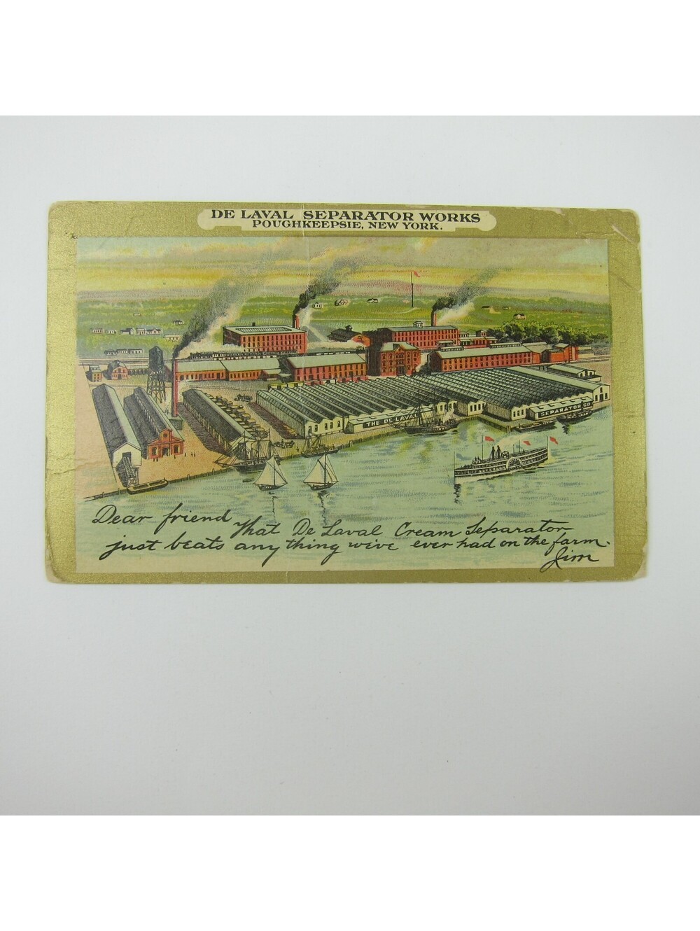 Postcard De Laval Separator Works Poughkeepsie New York Harbor Ships Antique